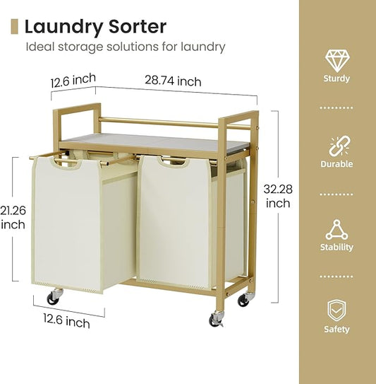 Laundry Hamper, Laundry Basket, Laundry Sorter with 3 Removable Bags, Clothes Basket with 3 Compartments, Wheels, Shelf for Laundry Room Bathroom Bedroom (2 Bags-Golden)