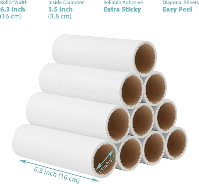 Lint Roller Refills 6.3 inch Great Value 10 Pack Extra Sticky Lint Remover Refills for Pet Hair Clothes Floor 6.3 inch Wide Lint Roller Replacement Refills