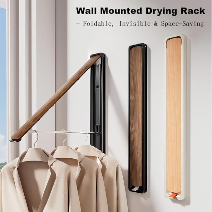 Retractable Wall Mounted Drying Rack - Foldable Clothes Hanger in Walnut or Oak Color for Laundry Room, Closet & Balcony (Oak, 2 Racks + Rod)