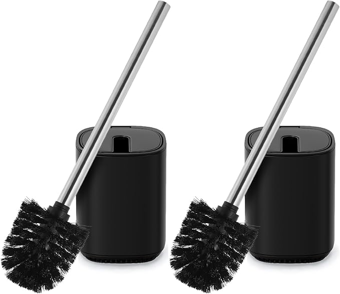 Toilet Brush and Holder Set Durable Toilet Scrubber Sleek Toilet Bowl Brush Stainless Steel Bathroom Toilet Brush Set with Lid Toilet Cleaning Brush 2 Pack