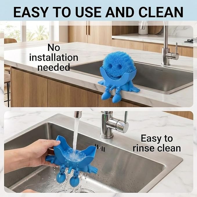 Creative Hanging Sponge Holder with Drainage/Traceless Glue, 3D Printing Countertop Funny Sponge Holders for Kitchen Sink, Keeps Your Sponge Dry & Smiling, for Scrub Daddy Holder (1, Blue)