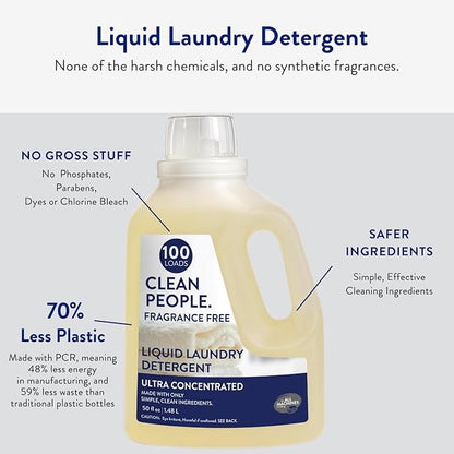 The Clean People Liquid Laundry Detergent - Recyclable Packaging, Stain Fighting - Ultra Concentrated, Laundry Soap - Fragrance Free, 50 fl oz