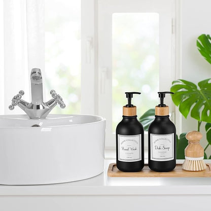Zopeal 4 Pcs 16 oz Kitchen Soap Dispenser Set with Bamboo Tray and Dish Brush Plastic Soap Dispenser Set with Waterproof Labels for Hand Dish Lotion(Frosted Black)