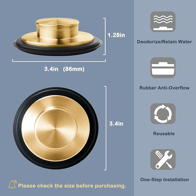 3 3/8 inch (86 mm) Stainless Steel Sink Stopper, Kitchen Garbage Disposal Plug with Wide Rim, Fits Standard 3.5 Inch Drains, Durable and Rustproof - Gold