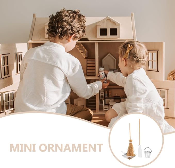 Miniature Dollhouse Cleaning Set Mini Floor Mop Bucket Broom Dustpan Models Housework Tool Decoration Accessories for DIY 1:12 Scale Fairy Garden Micro Landscape