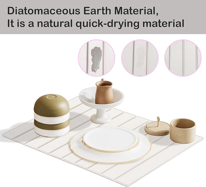 Large Stone Dish Drying Mats for Kitchen Counter, 23"(L)×16"(W) Diatomaceous Earth Mats, Water-Absorbent Collapsible Multi-Purpose Stone Drying Tray for Cups Dishes Bottles, Match Any Countertop