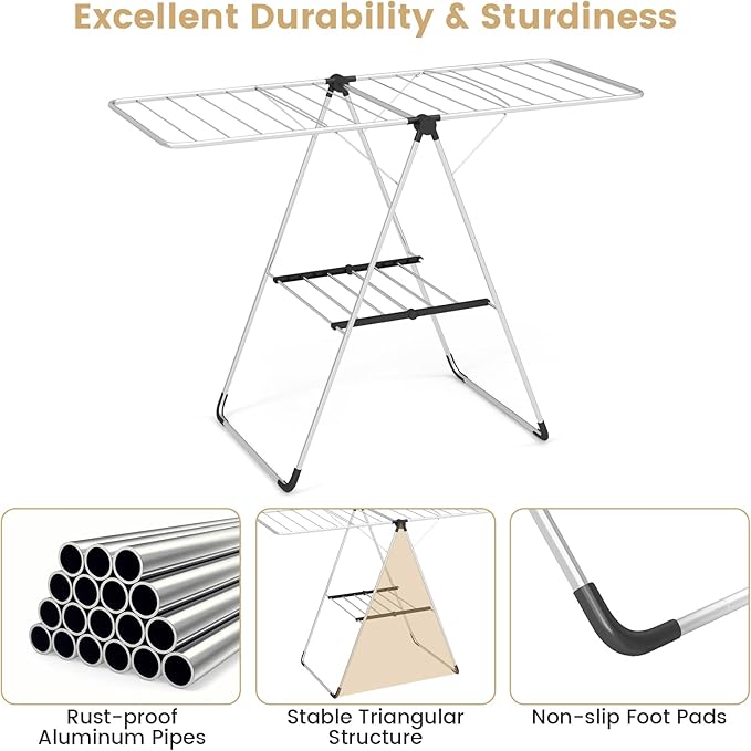 Tangkula Collapsible Clothes Drying Rack, 2-Level Folding Aluminum Drying Rack w/Height-Adjustable Wings, Bottom Shoe Rack, Space-Saving Laundry Drying Rack for Indoor & Outdoor Use, Silver