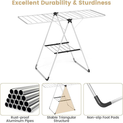Tangkula Collapsible Clothes Drying Rack, 2-Level Folding Aluminum Drying Rack w/Height-Adjustable Wings, Bottom Shoe Rack, Space-Saving Laundry Drying Rack for Indoor & Outdoor Use, Silver