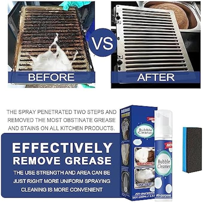 2PCS Bubble Cleaner, Foaming Heavy Oil Stain Cleaner, Stubborn Grease & Grime wipe Spray, All Purpose Cleaning for Kitchen and Other Stains (100ML*2)
