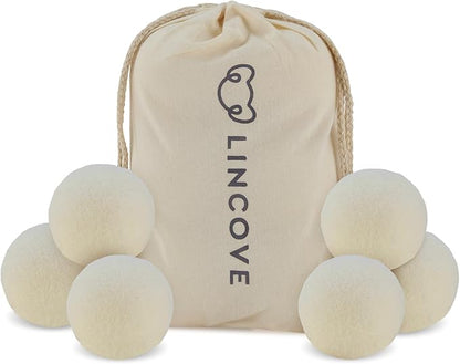 Wool Dryer Balls, 6 Pack – Natural Fabric Softener for Laundry, 100% Organic, Reusable for 1000+ Loads, Anti-Static, Reduces Drying Time, Baby Safe & Hypoallergenic Comes with Lincove Storage Bag