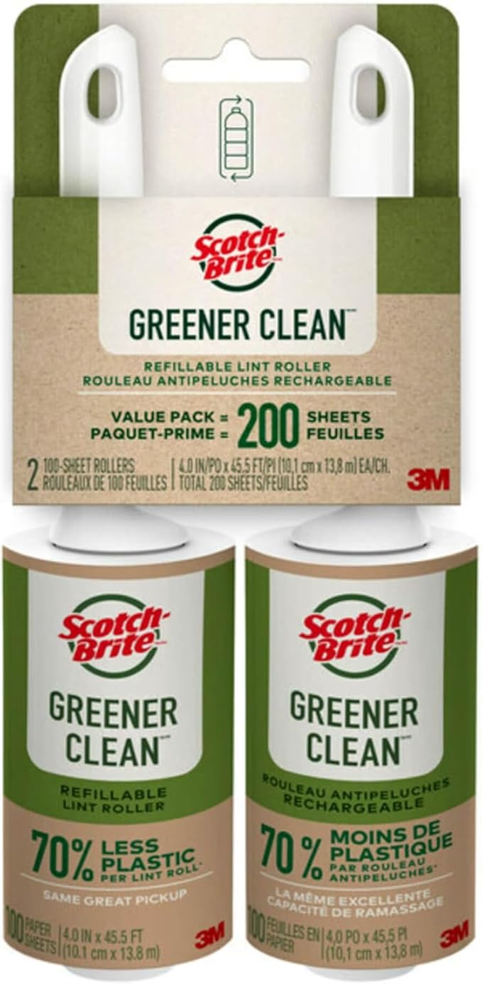 Scotch-Brite Greener Clean Lint Roller Twin Pack, 100 Sheets, Reusable Lint Rollers for Clothes, Furniture, and Pet Hair, Tidy Up Fabrics with a More Sustainable Fuzz Remover