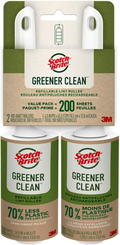 Scotch-Brite Greener Clean Lint Roller Twin Pack, 100 Sheets, Reusable Lint Rollers for Clothes, Furniture, and Pet Hair, Tidy Up Fabrics with a More Sustainable Fuzz Remover