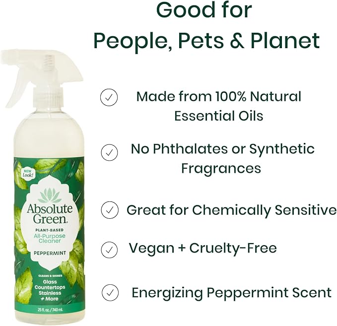 Absolute Green All Purpose Cleaner Spray, Non-Toxic, Kitchen, Bath, Countertop, Stainless, Safe around Kids + Pets, Natural Peppermint Scent, 25 oz (6 Pack)