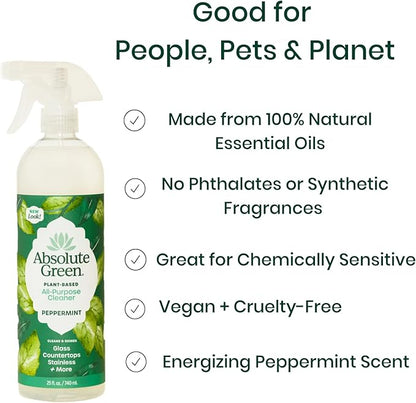 Absolute Green All Purpose Cleaner Spray, Non-Toxic, Kitchen, Bath, Countertop, Stainless, Safe around Kids + Pets, Natural Peppermint Scent, 25 oz (6 Pack)