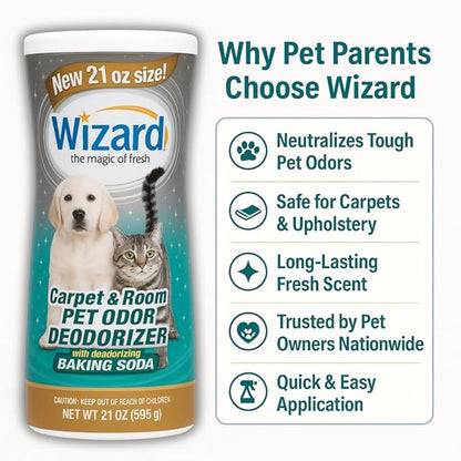 Wizard Carpet Deodorizer with Baking Soda, Pet Odor Eliminator Carpet Freshener Powder, Odor Absorber & Room Deodorizer, Carpeting Powder Fresh Scent – 3 Pack, 21 oz per Bottle (63 Ounces)