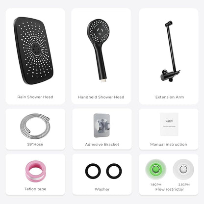 Wide Rain Shower Head With 5 Modes Handheld Showerheads, High Pressure Showerhead Combo with Extension Arm for Bathroom Accessories, Adjustable Shower Head with Anti-Clog Nozzles (Black)