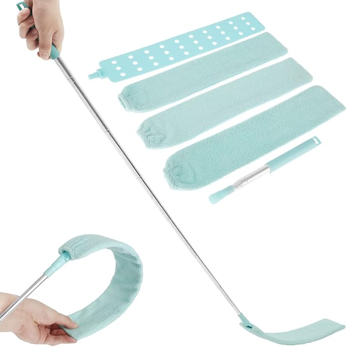 Gap Dust Cleaner Retractable Microfiber Gap Dust Brush Flexible Long Flat Gap Duster with Extendable Pole and Cloth Cover for Sofa Bed Furniture Bottom Ceiling Fan Blinds(Light Green)