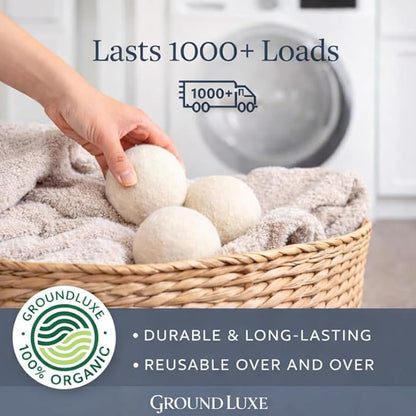 GroundLuxe Premium New Zealand Wool Dryer Balls - 6-Pack, 100% Organic, Hand-Felted, Reusable, Reduce Drying Time - Natural Fabric Softening, Wrinkle & Static Reduction