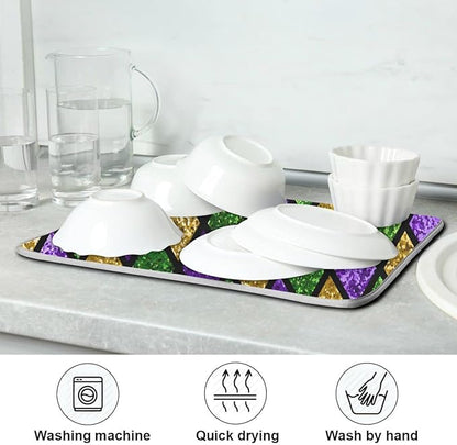 Mardi Gras Dish Drying Mat for Kitchen Gold Purple Green Buffalo Plaid Microfiber Drying Mats Absorbent Reversible Dish Pad Large Dish Draining Mat 18x24 inch