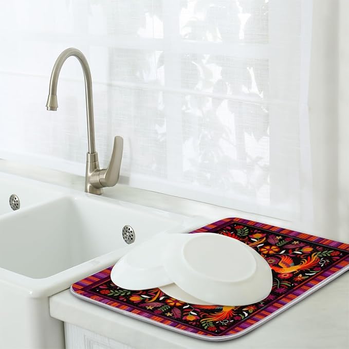 Dish Drying Mats with Hanging Loop for Kitchen Counter - Super Absorbent & Microfiber Sink Dry Mat with Mexican Flower, Non-Slip Backing, Dishes, Sink, Countertop Protection 18"x24"