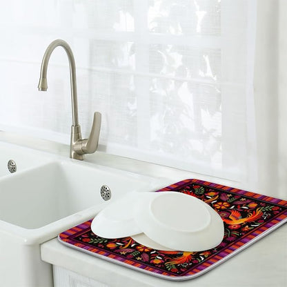 Dish Drying Mats with Hanging Loop for Kitchen Counter - Super Absorbent & Microfiber Sink Dry Mat with Mexican Flower, Non-Slip Backing, Dishes, Sink, Countertop Protection 18"x24"