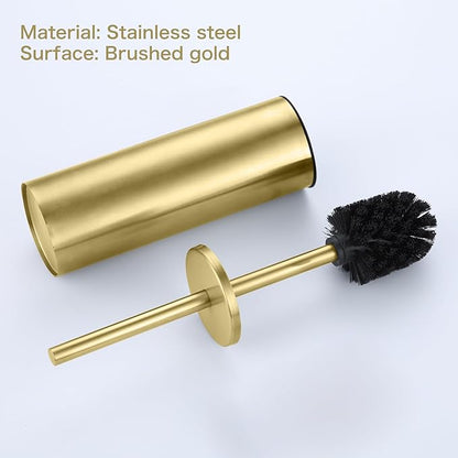 Toilet Brush and Holder Set - Brushed Stainless Steel Gold Toilet Brush and Holder with Removable Liner and Splash Protection - Dense bristles (with Brush Handle)