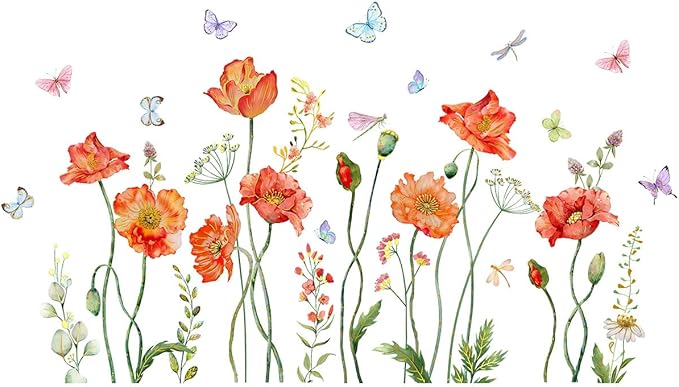 Floral Butterflies Wall Decal Red Flower with Colorful Butterflies Wall Stickers Peel and Stick Waterproof Decor for Living Room Bedroom
