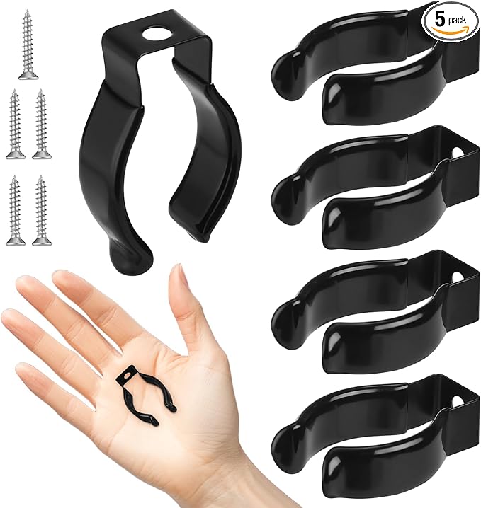 5 Pack Spring Clip Broom Clip with Screws for 3/4-1 1/8 Inch Diameter Black Manganese U Shape Steel Clips Holder Bracket for Tools Rakes and Flashlight Pipe Tool Holder Wall Garage Garden