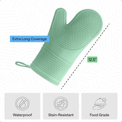 GORILLA GRIP BPA-Free Soft Silicone Oven Mitts, Heat Resistant and Waterproof Cooking Gloves, Thick Cotton Lining, Flexible Gripping for Baking Grilling, Kitchen Potholders Set of 2, 12.5x8.3, Mint