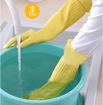 3- Pair 17.8 - Inch Elbow - Length Reusable Rubber Waterproof Household Cleaning and Kitchen Dishwashing Gloves - Small Size