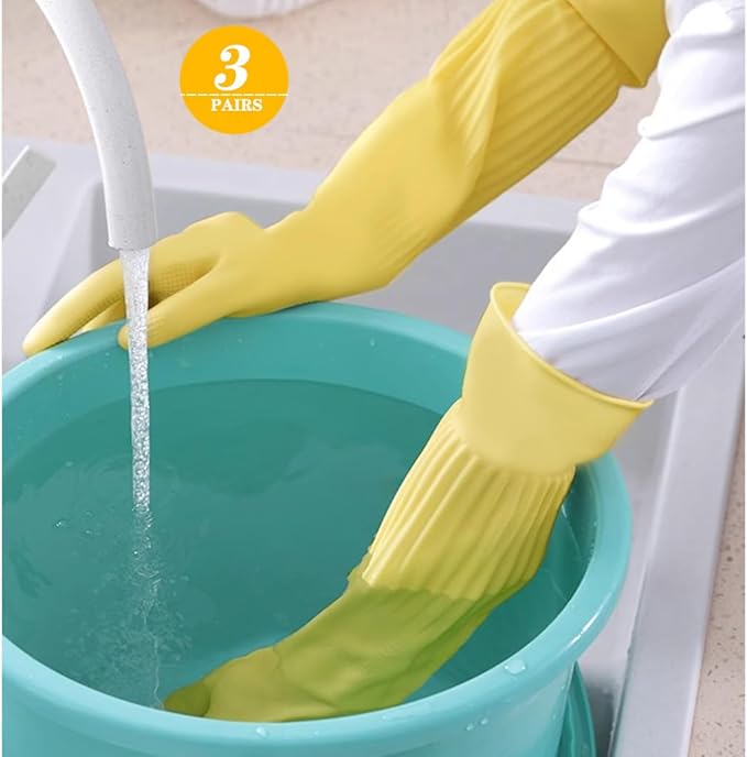 3- Pair 17.8 - Inch Elbow - Length Reusable Rubber Waterproof Household Cleaning and Kitchen Dishwashing Gloves - Large Size