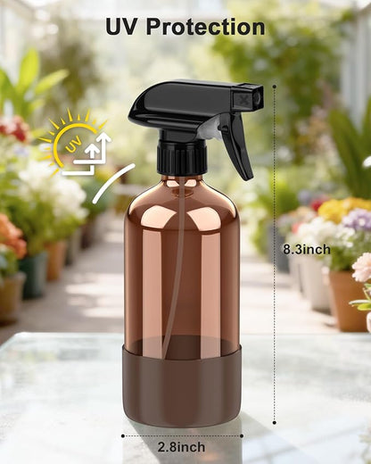 Bontip Amber Glass Spray Bottle with Silicone Sleeve Protection, 16 oz Refillable Spray Bottle for Cleaning Solutions, Plants, Aromatherapy, Facial Hydration (Brown Sleeve(Amber Bottle)