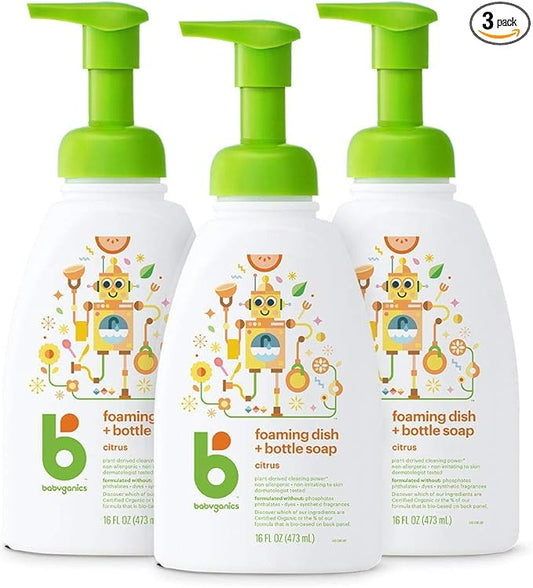 Babyganics Foaming Dish & Bottle Soap, Pump Bottle, Citrus, Plant-Derived Cleaning Power, Removes Dried Milk, 16 Fl Oz (Pack of 3), Packaging May Vary