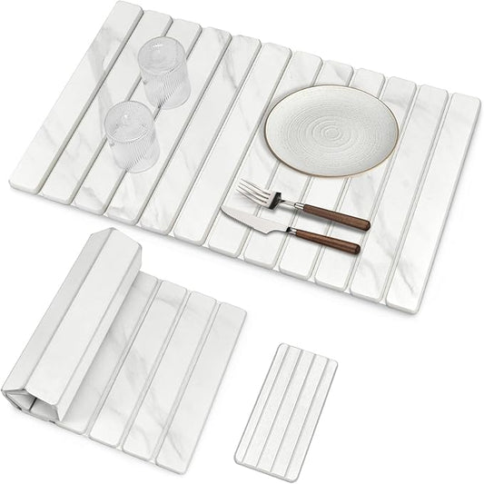 2 PCS Extra Large Stone Dish Drying Mats for Kitchen Counter, 28"(L)×16"(W) Marble-Pattern Dish Drying Mat with 8"x 4" Coasters, Eco-Friendly Diatomite Dish Drying Mat - Fits All Countertops
