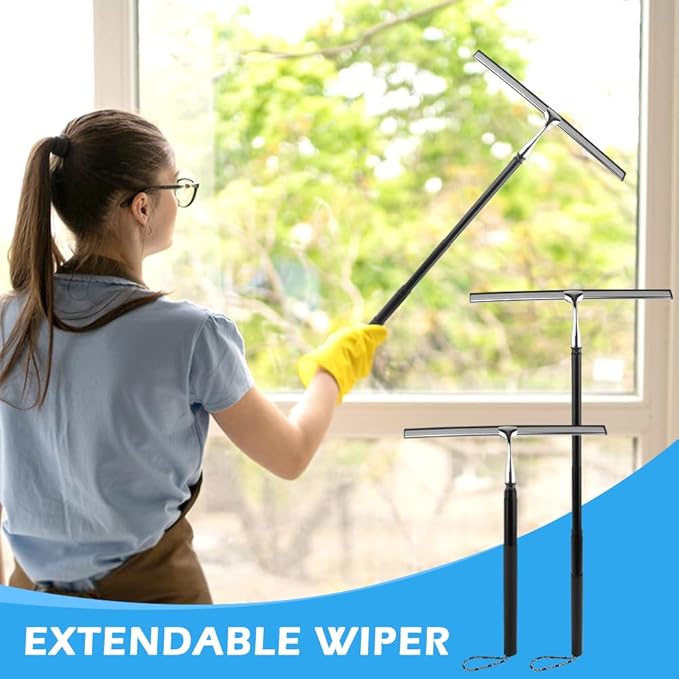 Shower Squeegee with Long Handle and Adhesive Hook, 16.93" to 59.84" Telescopic Squeegee for Window Cleaning, Bathroom Cleaner Window Cleaning Tool for Mirror, Glass, Ceramic Tile(Color:Black)
