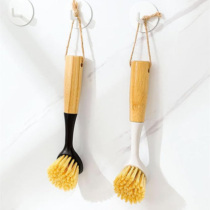 2 Pack Kitchen Dish Brush+1 Pair Reusable Rubber Gloves,Kitchen Cleaning Sets,Bamboo Handle Dish Scrubber Built-in Scraper, Scrub Brushes for Pans Pots Sink Dishwashing,Range Hood (Black)