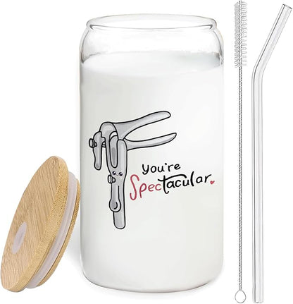 Midwife Doctor Nurse Gifts Iced Coffee Glass Cup, You're Spec-Tacular Glass Cup with Lids and Straws 14oz, Midwife Thank You Gifts Coffee Tumbler Drinking Jars with Cleaning Brush