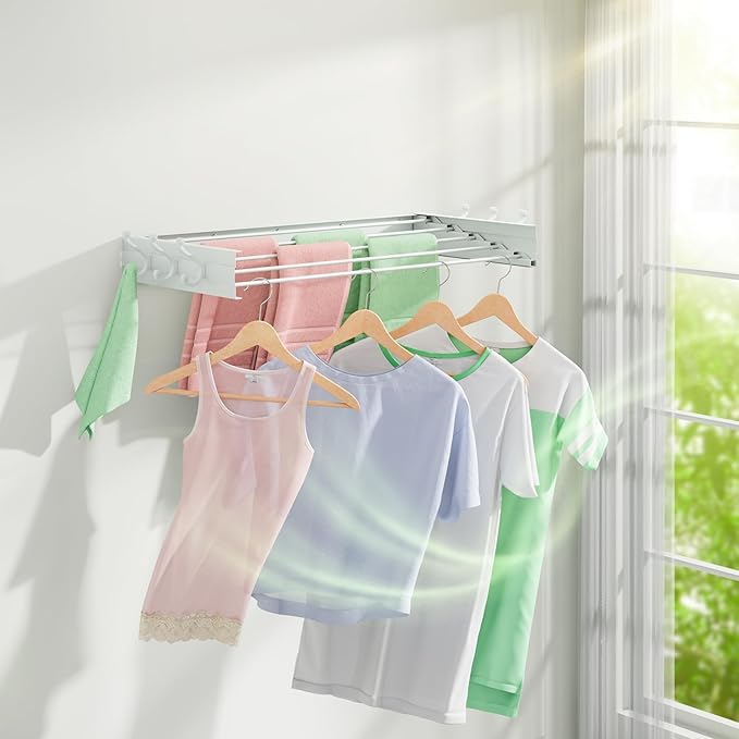 BAKON Wall-Mount-Clothes-Drying-Rack for Bathroom, Foldable-Drying-Rack-Clothing for Small Space, 31.5'' Laundry-Dry-Rack-Collapsible with 6 Hooks and 5 Poles for Living Room, Bedroom, White