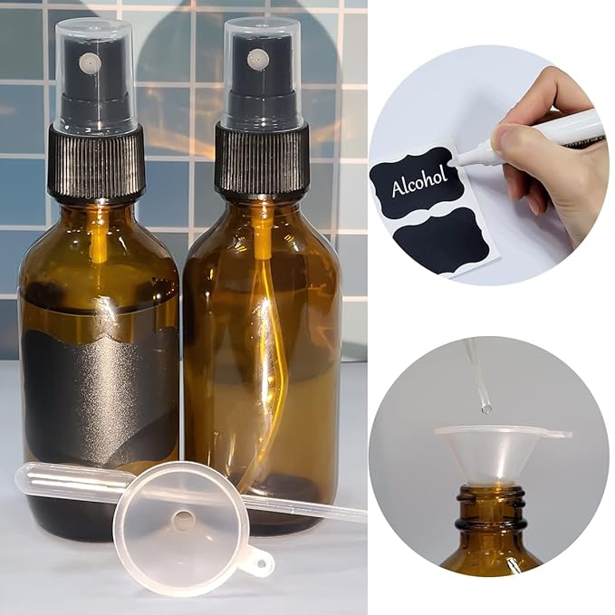 LUFEVRM 2oz Glass Spray Bottles,Empty Small Perfume Travel Refillable Reusable Fine Mister Spray Bottle for Hair,Cleaning Solutions,Aromatherapy and Essential Oil with Extra Nozzle (3 pack, Amber)
