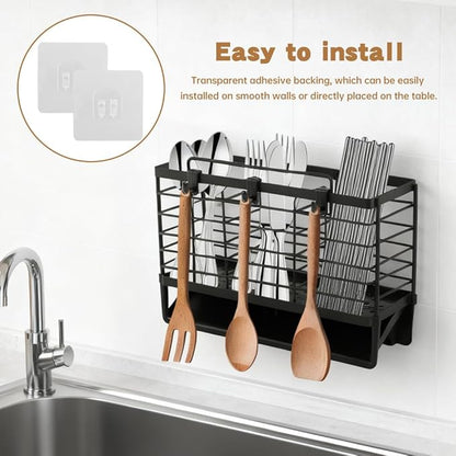 3-Compartment Dish Drying Rack for Kitchen, Carbon Steel Utensil Holder with Drain Tray, Utensil Caddy Organizer for Knives, Forks, Spoons, Chopsticks, Wall Mount or Countertop(COLOR:Black)