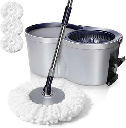 Spin Mop and Bucket Set,Masthome EasyWring Microfiber Spin Mop with 3 Mop Pads,Pedal Spinning Mops and Bucket with Wringer Set for Floor Cleaning - Home & Office Suitable