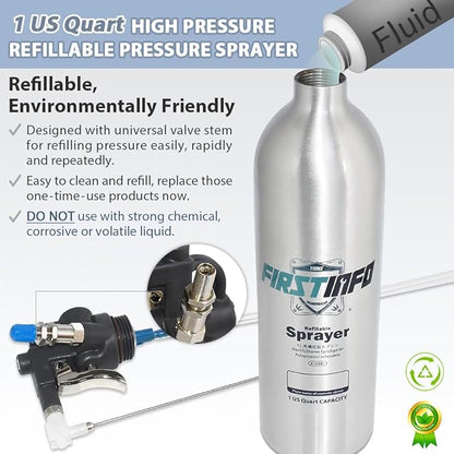 FIRSTINFO A1638L (3rd Gen) Patented Max. Pressure 140psi / 1000ml Thickened Aluminum Canister Refillable Aerosol Spray Can | Pneumatic Compressed Air Sprayer | Wide Mist Spray
