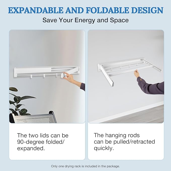 Wall Mounted Clothes Drying Rack, Foldable Laundry Hanger Dryer Rack, Laundry Drying Rack Collapsible with 4 Hooks Clothes Garment Drying Organizer