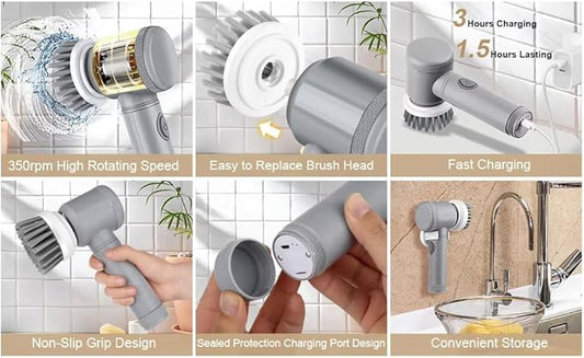 Electric Spin Scrubber, Cordless Bathroom Cleaning Brush IPX6 Waterproof with 6 Replaceable Heads, Power Scrubber for Bathtub, Tiles, Car Wash, Kitchen & Multi-Surface Home Cleaning