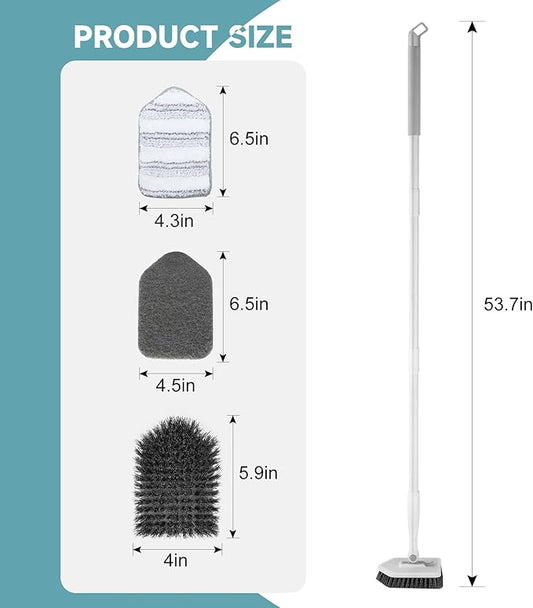 nacena Shower Scrubber with Long Handle, 3 in 1 Tile Tub Scrubber Brush with 3 Detachable Cleaning Heads Adjustable Handle Shower Cleaner Brush for Bathroom, Kitchen, Toilet, Wall, Sink, Grey White
