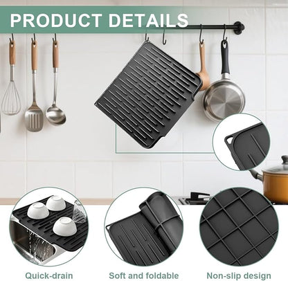 Silicone Kitchen Countertop Dish Drying Mat with Water Collection Tray Non-Slip Pad ( Black)