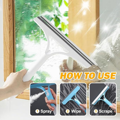 3 in 1 Window Cleaning Scraper, 2025 New Window Squeegee with Spray for Shower Glass All-Purpose Window Cleaner Tool (White)