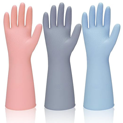 Rubber Kitchen Dishwashing Gloves - 3 Pairs Reusable Household Cleaning Gloves, Flexible and Durable & Non-slip Cleaning Gloves, Great for Kitchen, Bathroom, Laundry (Large, Pink+Blue+Grey)