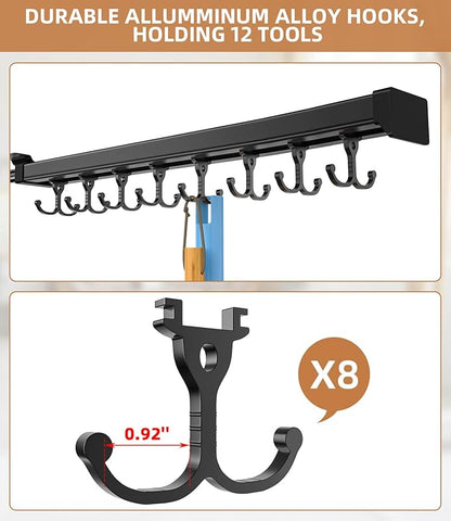 Pull Out Broom Holder With Adjustable Double Row Sliding Hook, Multifunctional Slide Broom And Mop Storage/Organizer Garage Organization Hooks, for Closet Laundry Garage Cupboard - 46cm/18.11inch