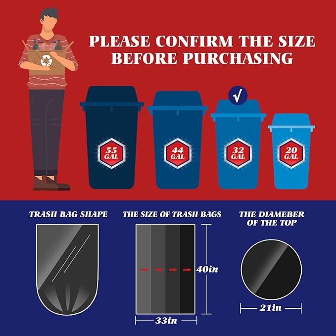 Teivio Trash Bags, 30-33 Gallon, 48 Count, Black, for Bathroom, Office, Industrial, Commercial, Janitorial, Municipal, Recycling